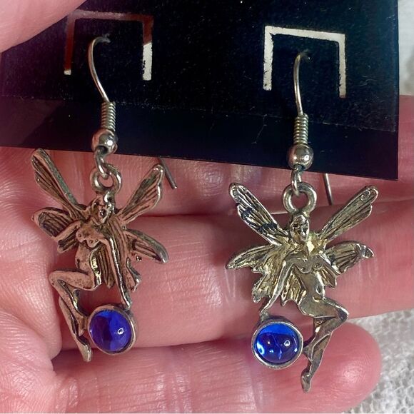 Silver Fairy Earrings with Blue Beaded Accents Dangle Style Whimsical Jewelry - Picture 2 of 4